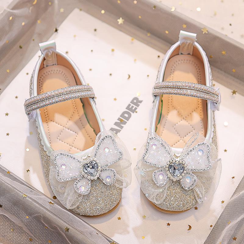 Dívčí princeznovské boty s křišťálovou mašlí - Léto 2025 Měkká podrážka Balerínky s kamínky