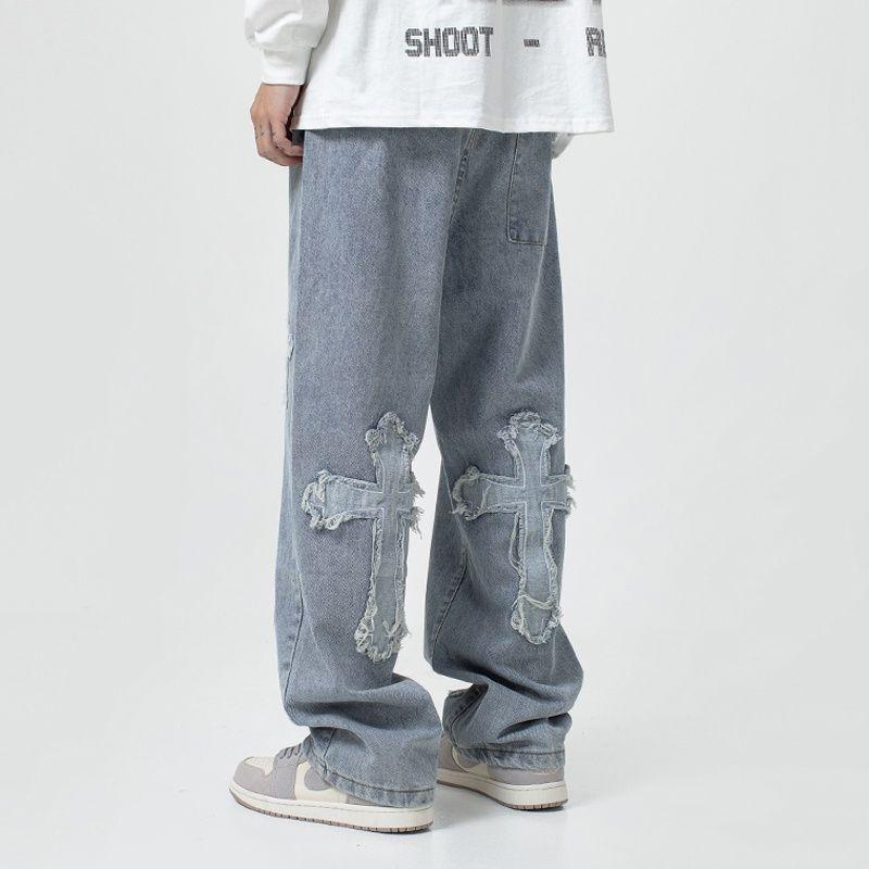 Men Cross Applique Hip Hop Loose Straight Wide Leg Casual Denim Jeans