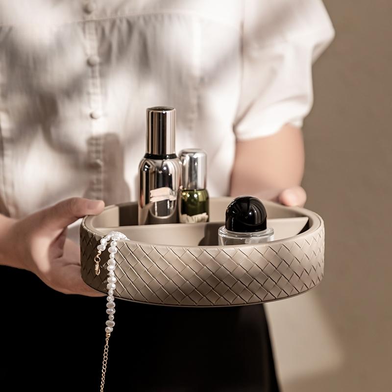 Nordic Style Leather Woven Pattern Jewelry Tray Luxurious Desktop Cosmet Organization Storage Jewelry Storage Box