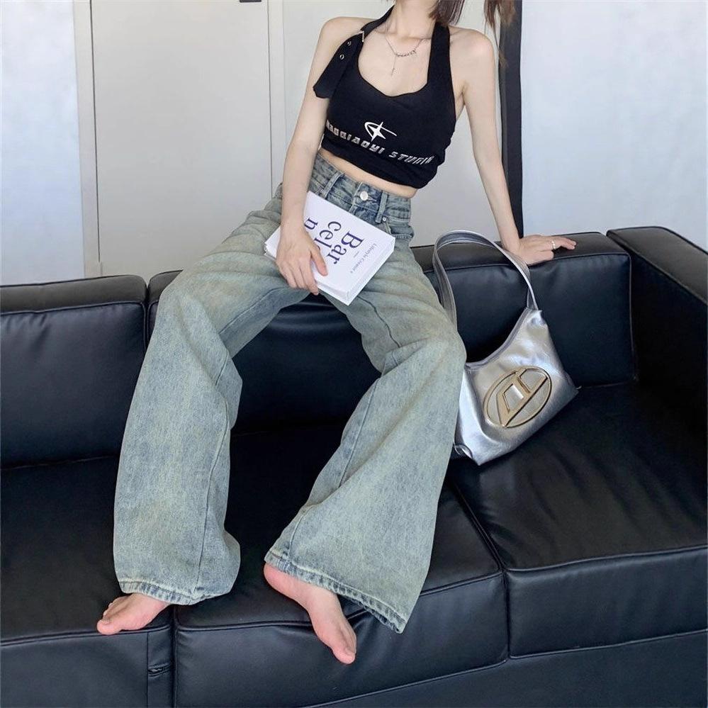 High Street Wide Leg Jeans Women's Retro Spring and Autumn Big Yards Small People Straight Drag Ground Trousers Jeans for Women Long Denim Pants
