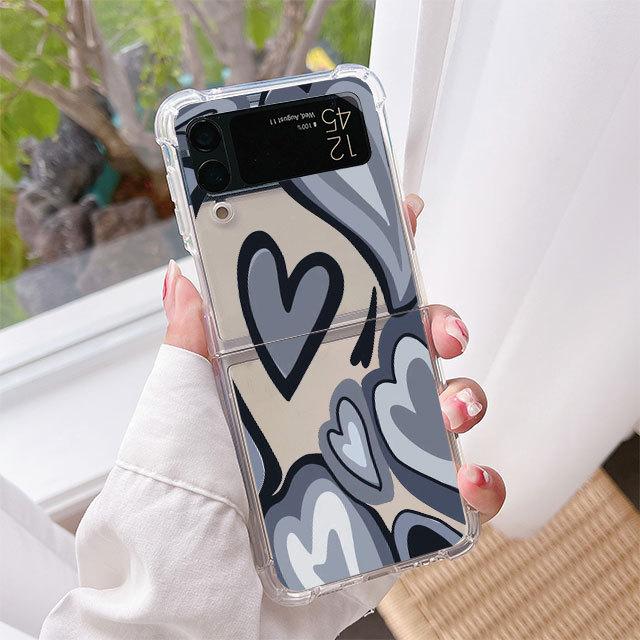 Love Heart Pattern Luxury Case For Samsung Galaxy Z Flip 3 4 5g Funda Z Flip3 Clear Pc Hard Shockproof Back Phone Coque Shell