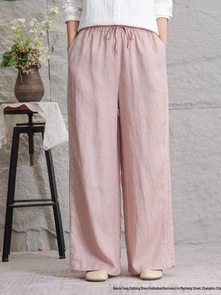 Women's Casual Linen Embroidered Wide-Leg Trousers, Summer 2026 Fashion, Slimming Loose Fit, Large Size Available