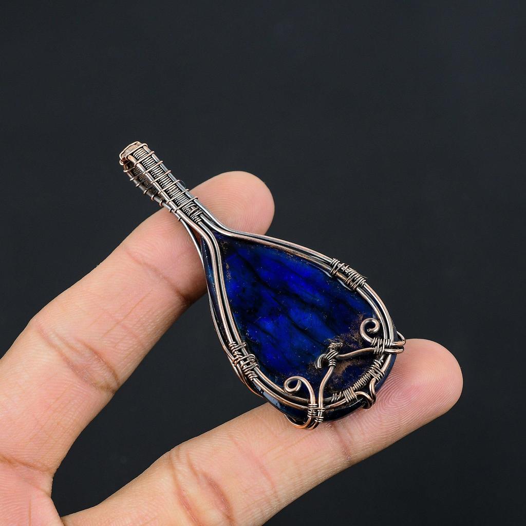 Blue Flash Labradorite Handmade Pendant, Natural Gemstone Jewelry, 999 Copper Wire Wrapped Pendant Jewelry, For Gift