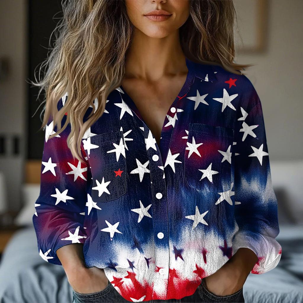 Women's Fashion Button Lapel Pocket Casual Shirt Independence Day Long Sleeve Top