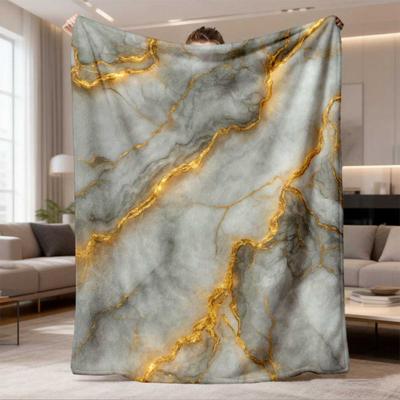 2026 Neueste Flanelldecke 1 Stück Luxuriöse Grau-Goldene Marmorprint-Flanelldecke Weiche, Gemütliche Ganzjahresdecke für Sofa, Bett, Auto, Büro, Camping