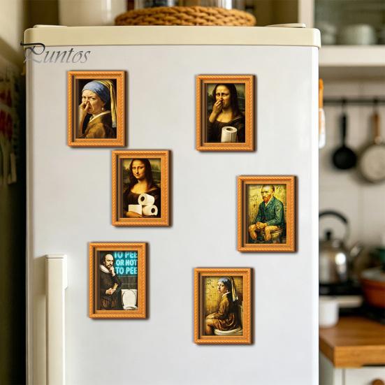 Housewarming Gifts for Art Lovers Funny Small Wooden Fridge Magnet Picture Frame, Vintage Oil Painting Pattern Soft Magnetic Display Refrigerator