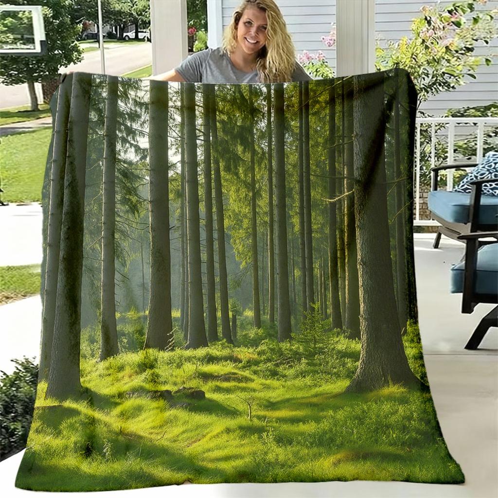 Sunlit Forest And Green Moss Flannel Blanket Double-Sided Throw with Realistic Digital Print, All-Season Cozy Bedspread for Living Room, Office, Or Gi