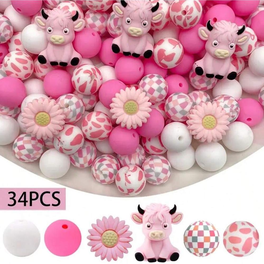 

25/34/75PCS 3D Highland Cow and Daisy Silicone Bead Set, Fashionable Animal, Flower Shaped, DIY Jewelry Making Material