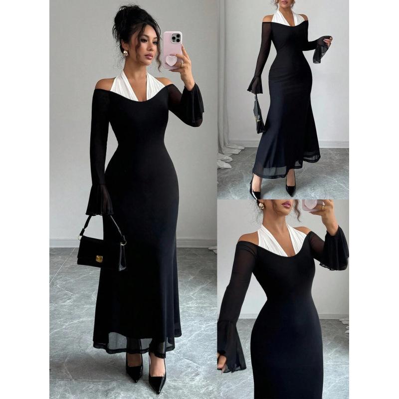 Elegant neck horn sleeve long sleeve dress women s 2026 summer new fashion temperament skirt S