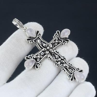 Rose Quartz Gemstone Pendant Rose Quartz Gemstone Handmade 925 Sterling Silver Cross Pendant For Gifts Pendant For Her For Women Jewelry