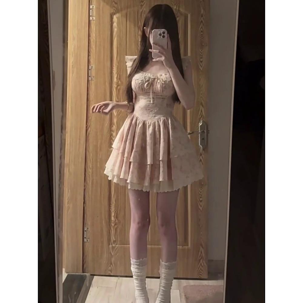 Coffee Break French Blue Small Flying Sleeve Dress Casual Unique and Beautiful Lace Splicing Fluffy Waist A-Word Short Skirt