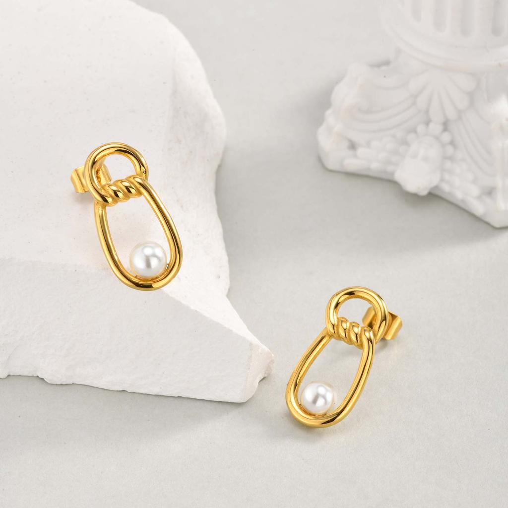 Fashion Irregular Imitation Pearl Earrings Stainless Steel Geometric Twist Texture Earrings for Women Statement Party Jewelry