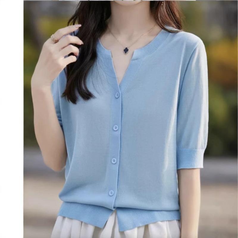 Women's Short Sleeved T-shirt Summer Loose Cardigan T-shirt V-neck Ice Silk Knitted Top