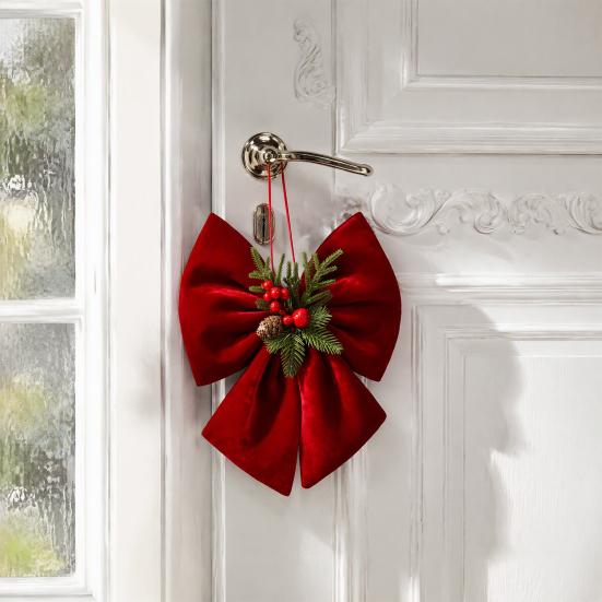 Velvet Ribbon for Christmas Wreaths Bow, Burgundy Red Hanging Bow Ornament with Versatile Garland Decorations Berries Pine Cones Holiday Tree