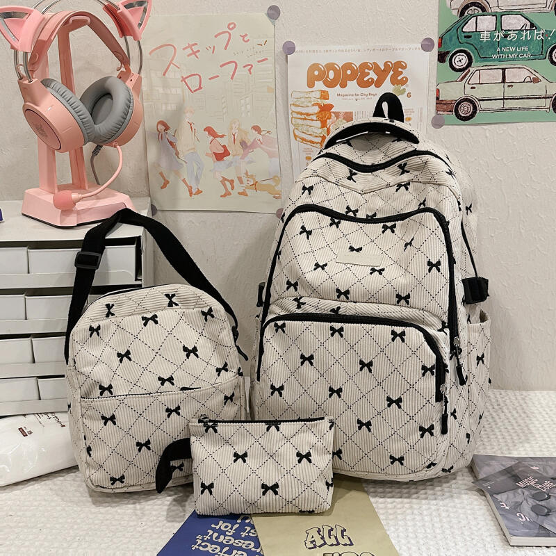 Dreiteiliger Schleifen-Rucksack Cord-Rucksack Schülerschultasche