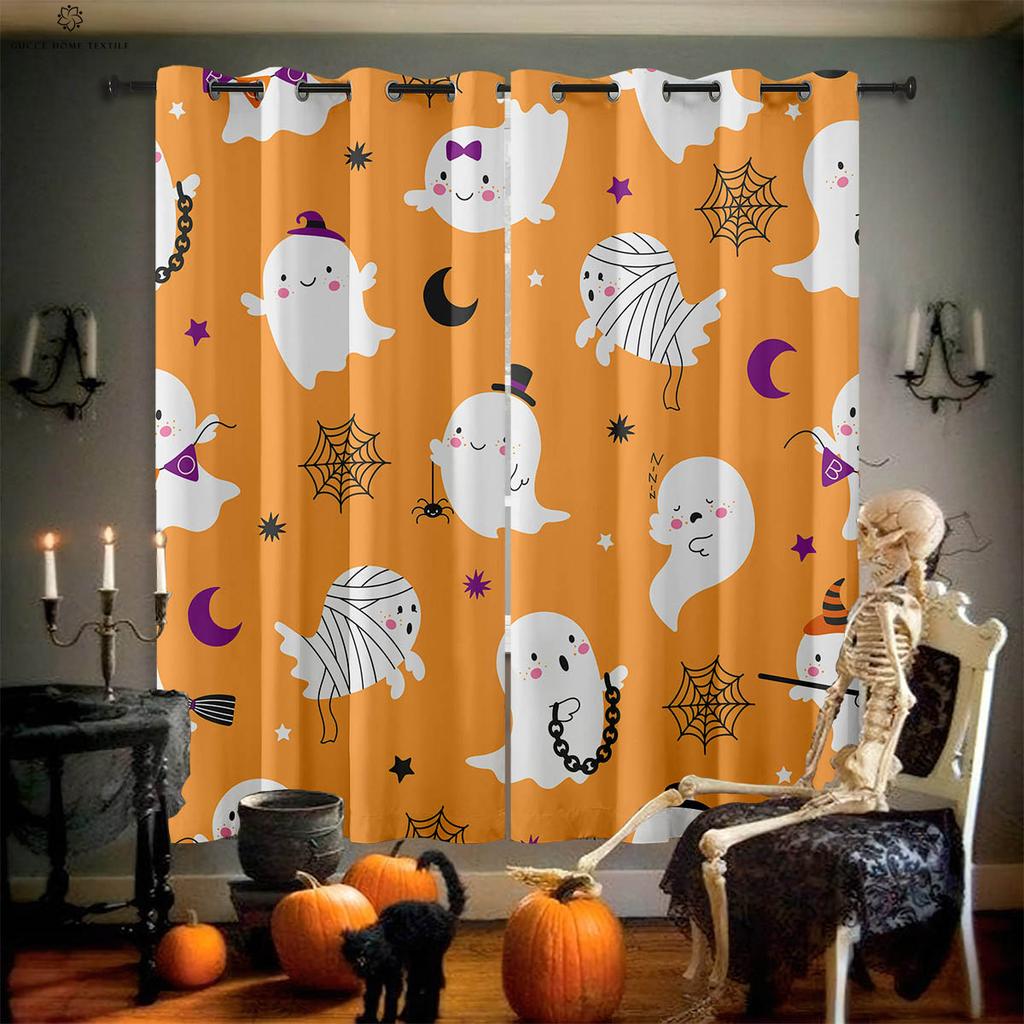 Card Halloween Window Decoration Curtains, Horror Pumpkin Ghost Pattern, Bedroom, Restaurant, Party, 2 Pcs