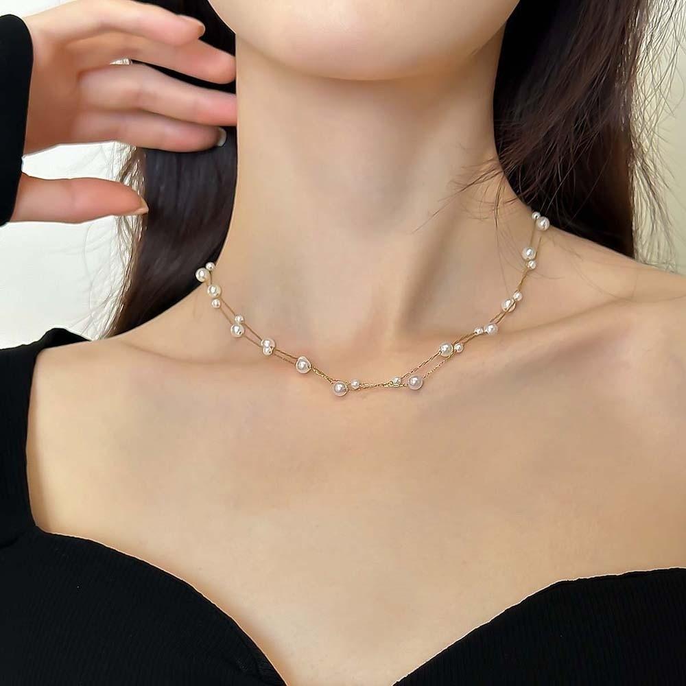 Luxury Stacked Pearls Necklace Titanium Steel Collarbone Chain  Birthday Gift