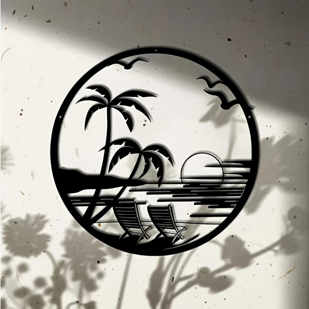Metal Wall Art Beach Sunset Palm Tree Chair Silhouette Patio Balcony Decor
