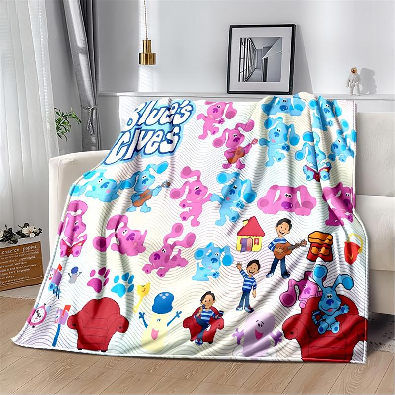 Blue Puppy in Green Nature Print Flannel Blanket, Kids Cartoon Dog Throw Blanket 80cm x 120cm