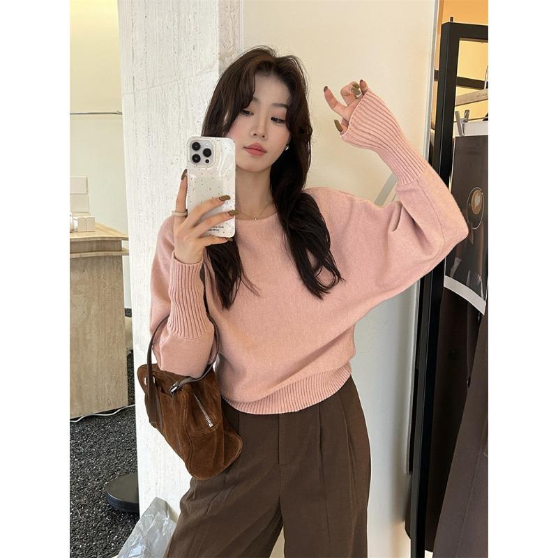 Temperament slanted shoulder one-word neck bottoming shirt women's spring relaxation loose knitted sweater with gray top inside