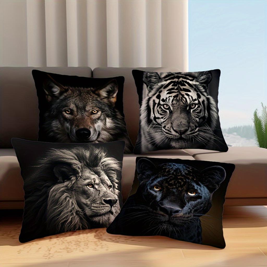 4Pcs Wild Animal Cushion Cover Tiger Lion Wolf Leopard Printed Pillow Case Polyester Home Decor Sofa Living Room Bedroom 2D Flat