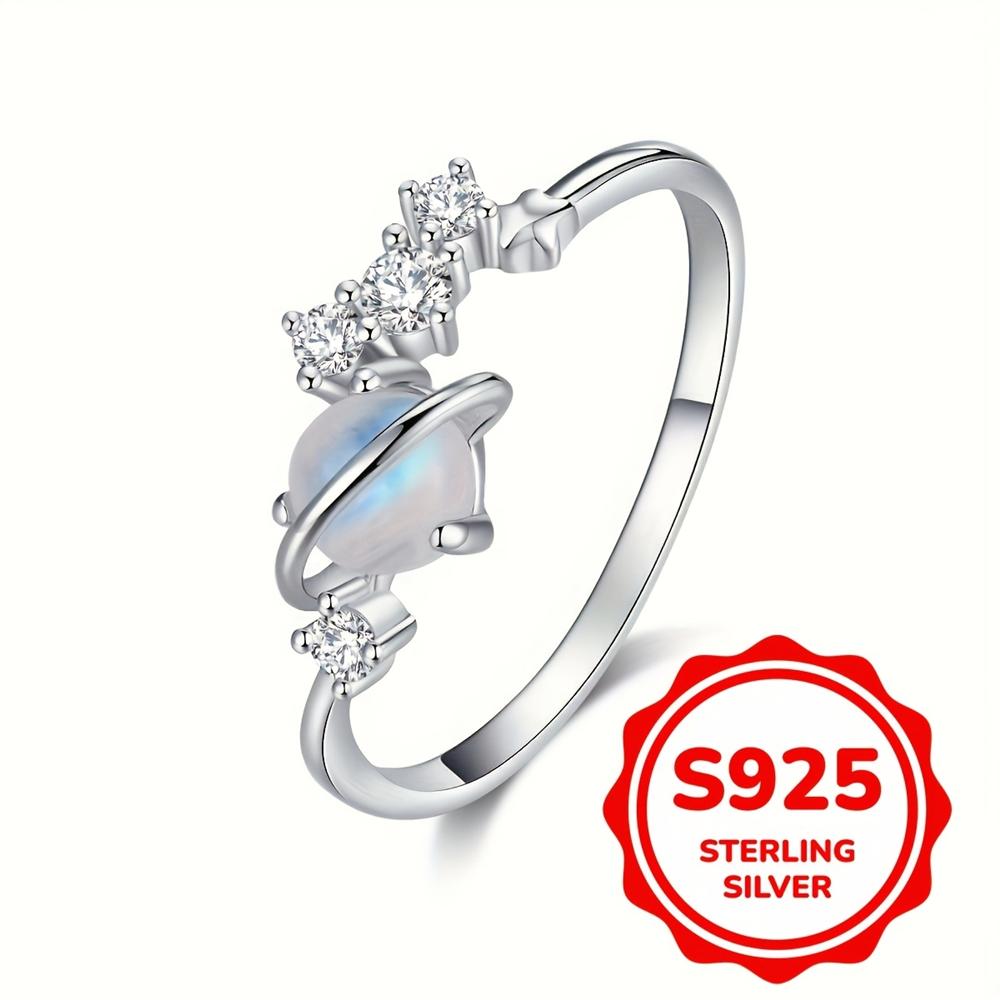 

Настоящее серебро S925 пробы неправильной формы кольца со звездами для женщин кольцо с белым цирконием и лунным камнем изысканные ювелирные изделия подарок на День святого Валентина 10 серебряный