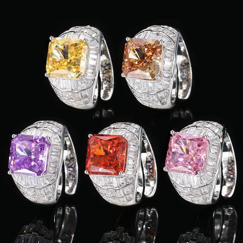 Jewelry Copper Bottom Gold-Plated High Carbon Diamond Ice Flower Square Diamond Copper Inlaid Princess Square Light Luxury Ring Women 10 * 10