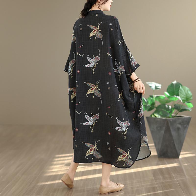 DIMANAF New 2026 Women Plus Size Spring Summer Beach Long Black Dress Vintage Lady Loose Oversize Maxi Floral Print Cotton Button