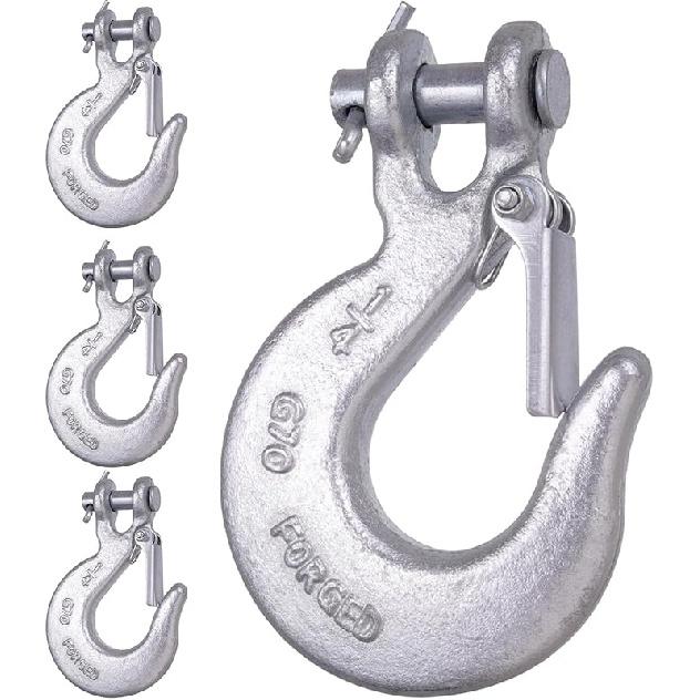 1/4 Inch Safety Chain Hooks, Clevis Slip Hook With Safety Latch, Grade 70 Forged Steel 12,600 Lb For Trailer Truck Transport Tow Winch Hook