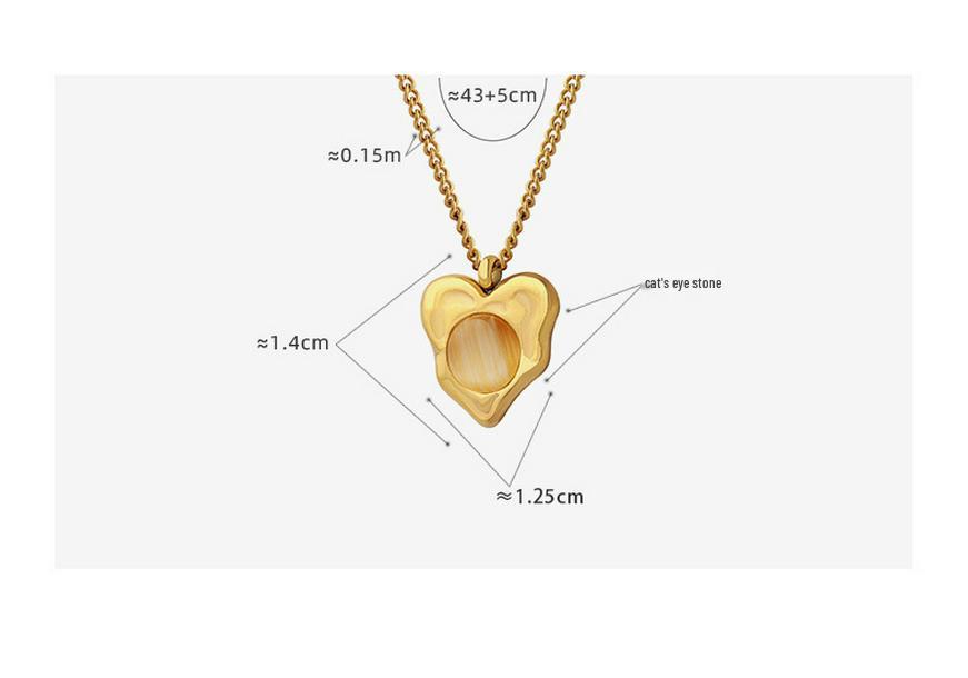 Hong Kong-Style Elegant Heart-Shaped Cat's Eye Stone Pendant Necklace On Gold-Plated Clavicle Chain.