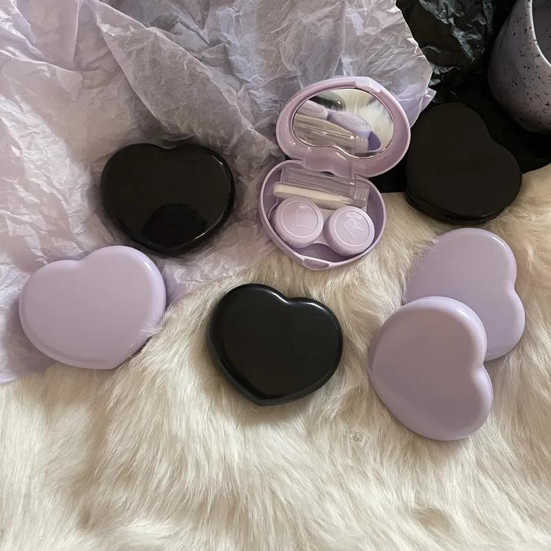 Vintage Herz Schwarz Lila Kontaktlinsenbox für Farbige Augen Werkzeugset Kontaktlinsen Aufbewahrung Pflege Halter Behälter Spiegel Pinzette