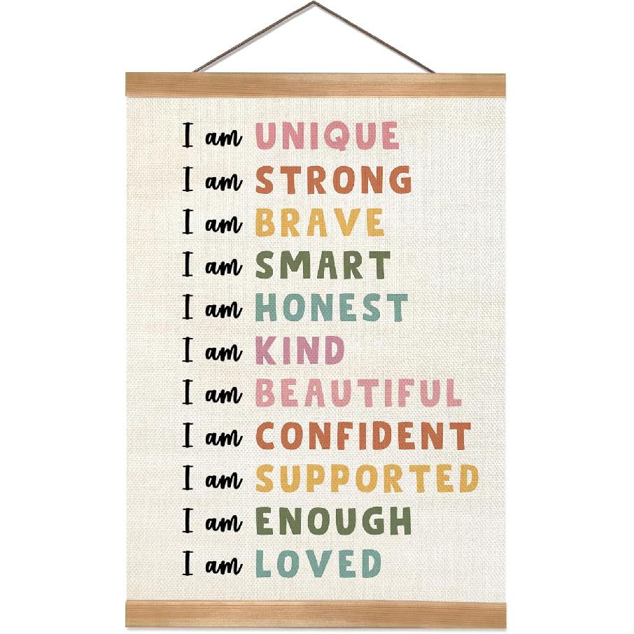 ZTGDA I Am Kind, I Am Brave Wall Art Poster, pirational Positive Quotes Linen Canvas Wall Hanging Decor for Classroom,Nursery,Playroom,Bedroom,