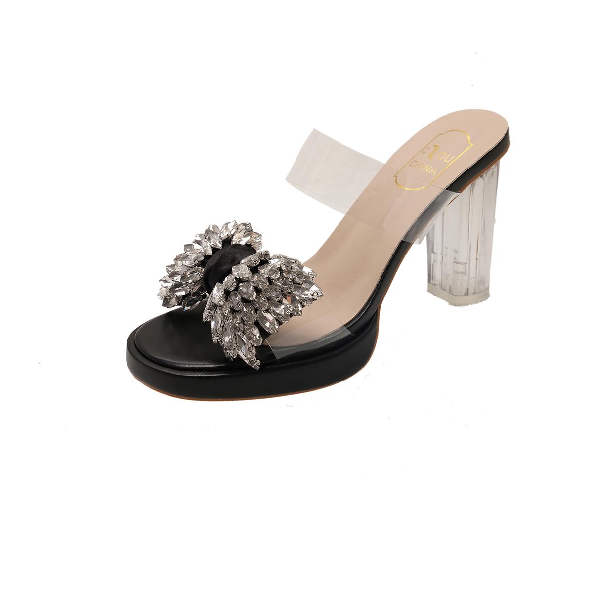

Fashion Rhinestone Bow with One Belt Transparent Super High Heel Platform Block Heel Sandals and Slippers New Women s Summer Wear 39
