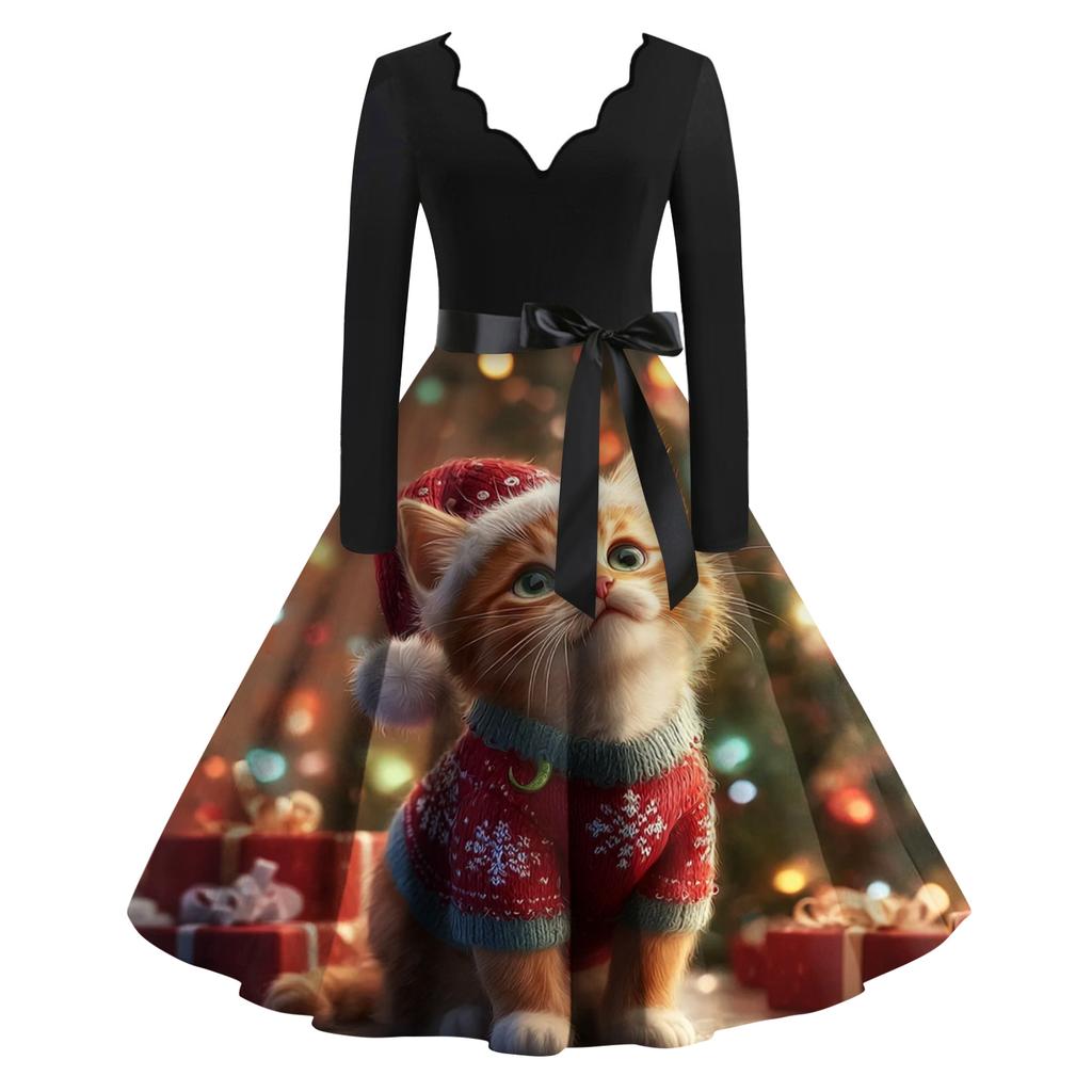 Women's Casual And Fashionable V-neck Long-sleeved Christmas Printed Dress
