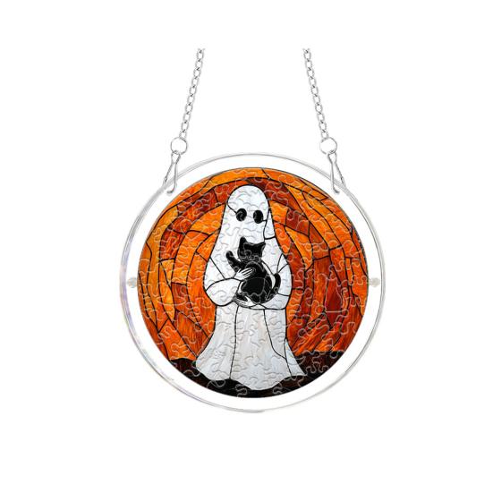 yangyizhi Halloween Scary Bat Pumpkin Acrylic Jigsaw Puzzle Suncatcher, Stained Glass Style Window Hanging Decor for Home, Garden, Gift Family Friends