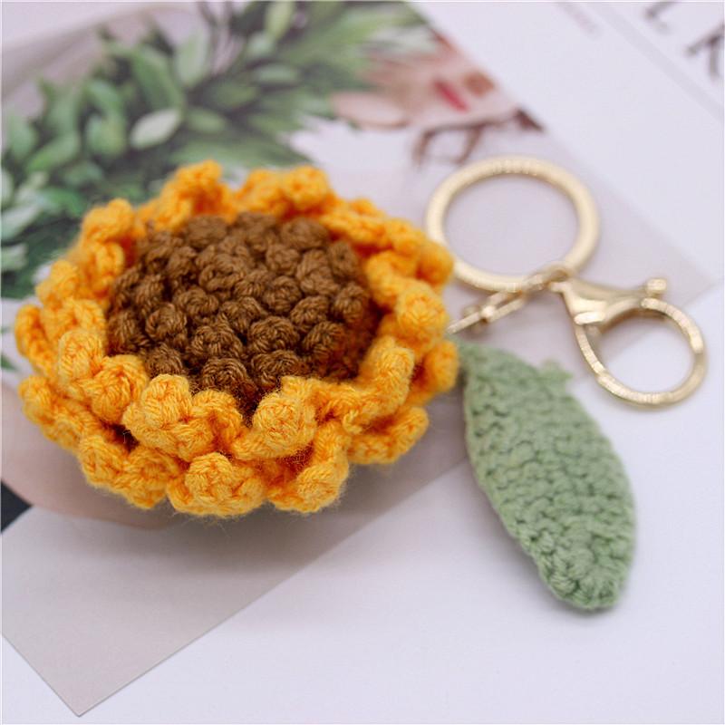 Creative Handmade Knitted Sunflower Keychain Keyring For Women Girl Cute Crocheted Flower Pendant Car Key Ring Handbag Gifts New