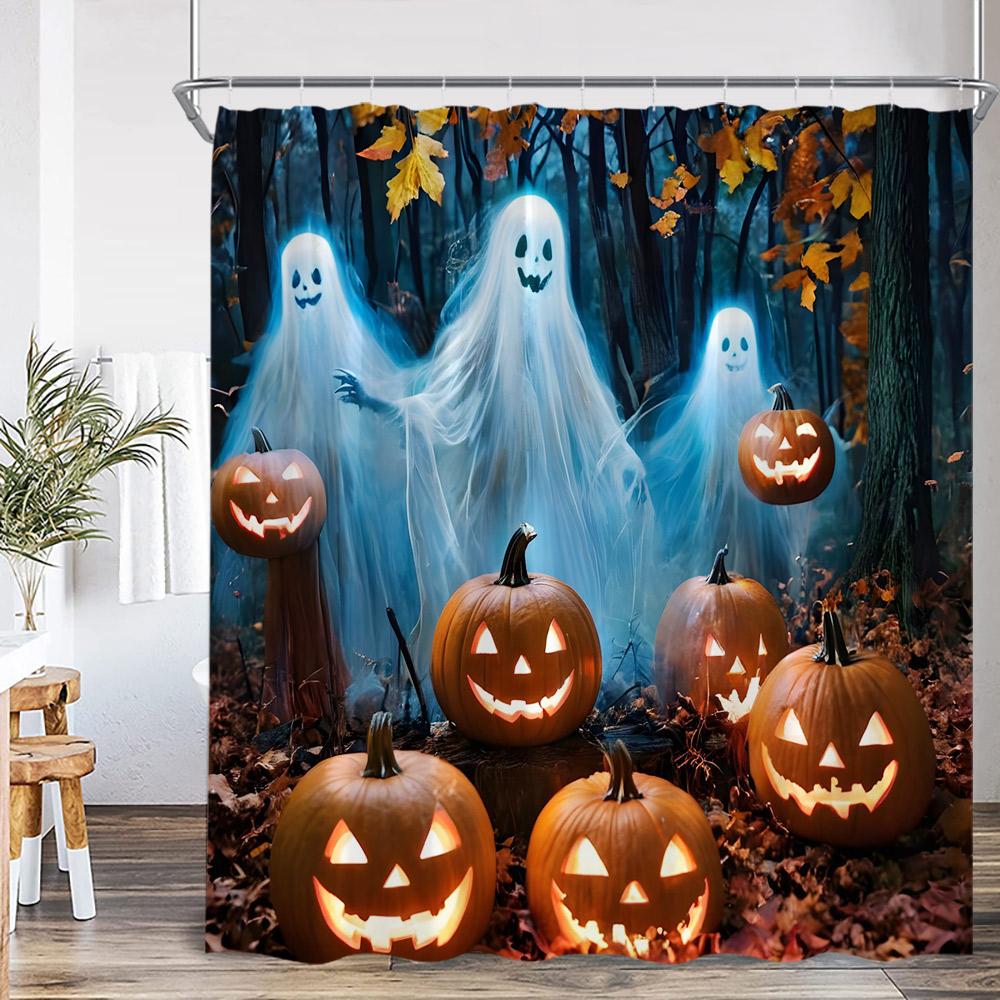 Halloween Shower Curtain Dark Forest Haunted House Graveyard Pumpkin Lantern Ghost Spooky Bathroom Decor Halloween Bath Curtain