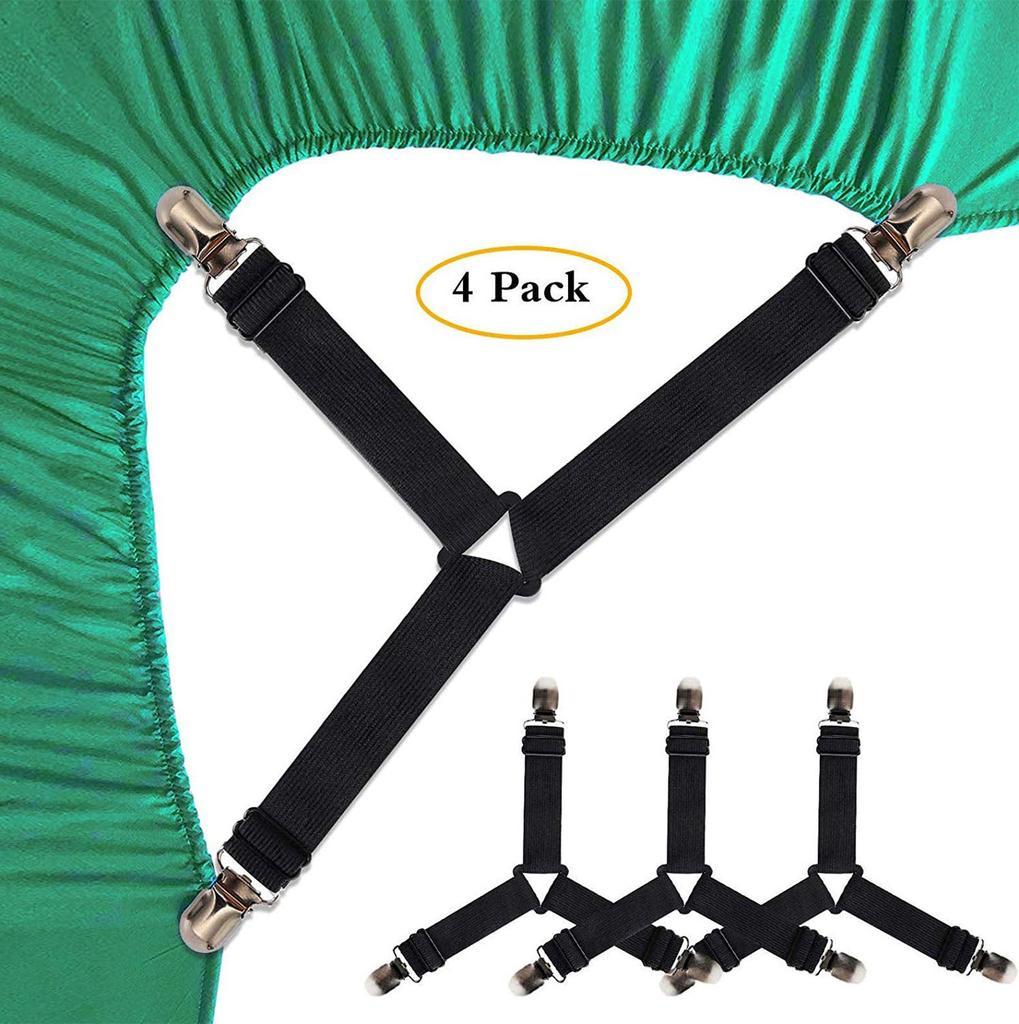 4 PCS Bed Sheet Holder Straps, Elastic Mattress Corner Clips 3 Way Fitted Bed Sheet Fastener Suspenders Grippers