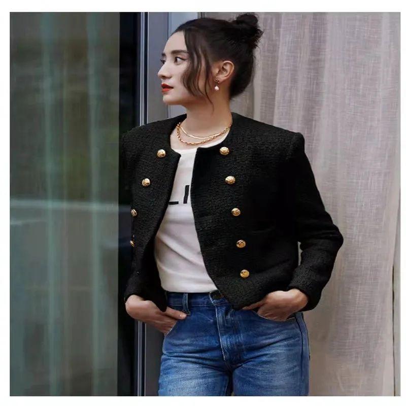 Sophisticated and Cute Round-necked Short Jacket with Double-breasted Buttons