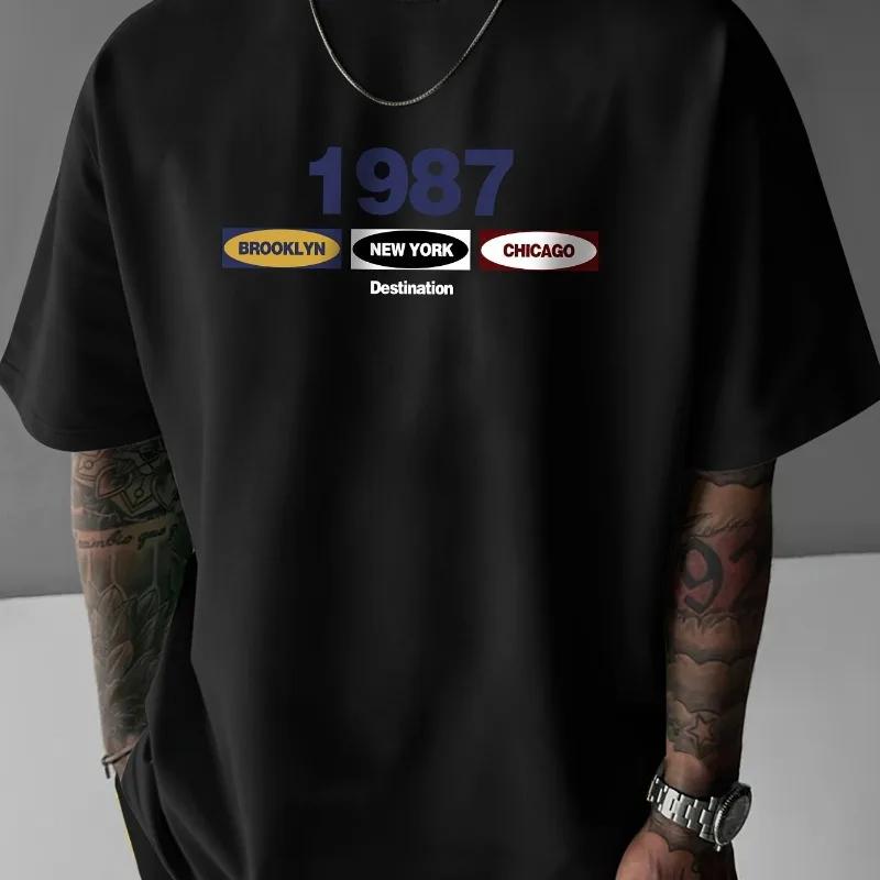 

Summer round-neck casual T-shirt, 1987 New York print 100% pure cotton retro T-shirt, hip-hop streetwear 4XL