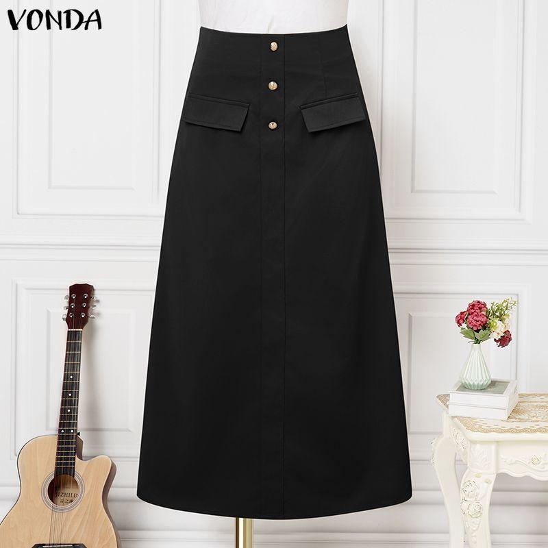 

VONDA Women Zip-up High Waist Casual Thin A-line Maxi Skirts Dress S