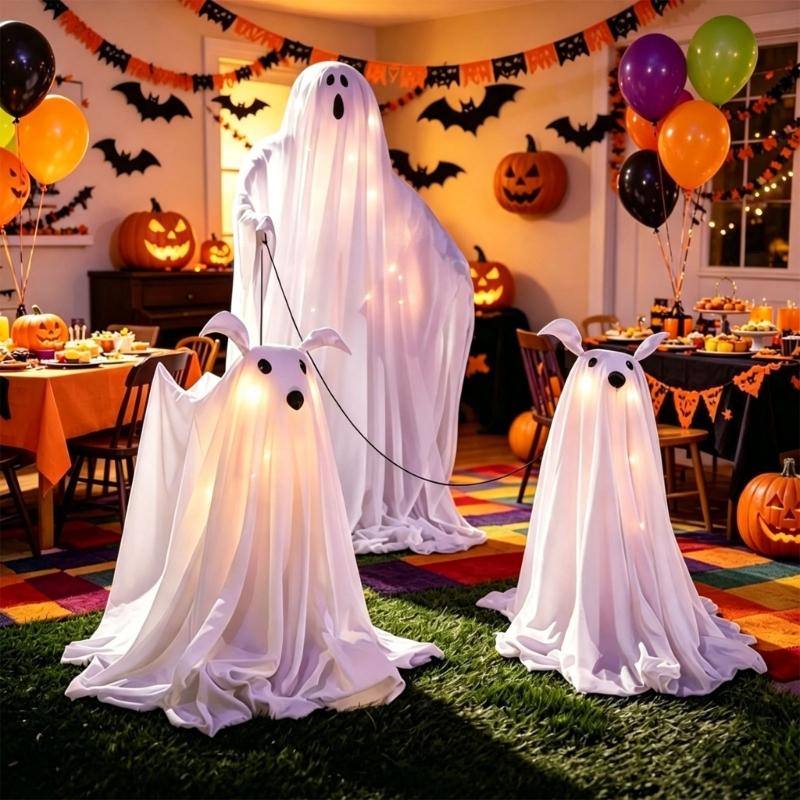 Halloween Entryway Figure Display with Interior Light, Standing Figure and Dog Pair for Window Styling, Photo Point, and Party Use