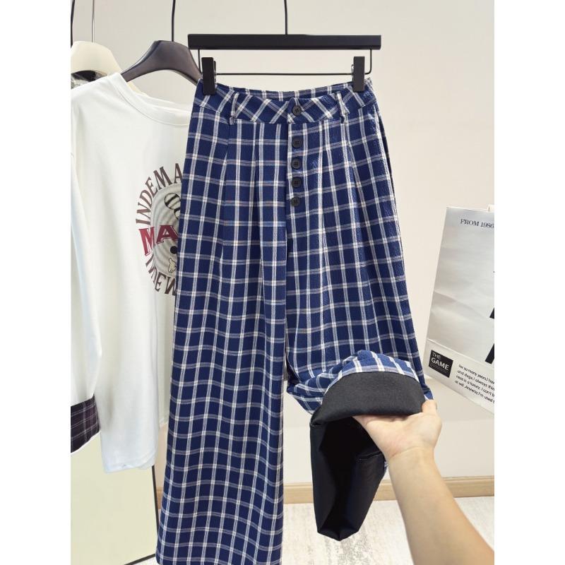 Plaid pants Otaku women s same casual pants loose wide-leg pants women s autumn and winter lazy and thin plaid wide-leg pants trousers S