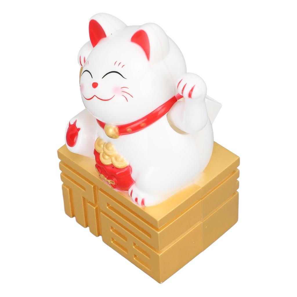 Lucky Cat Statue Waving Arm Solar Powered Fortune Beckoning Chinese Feng Shui Desktop Decor 4in White