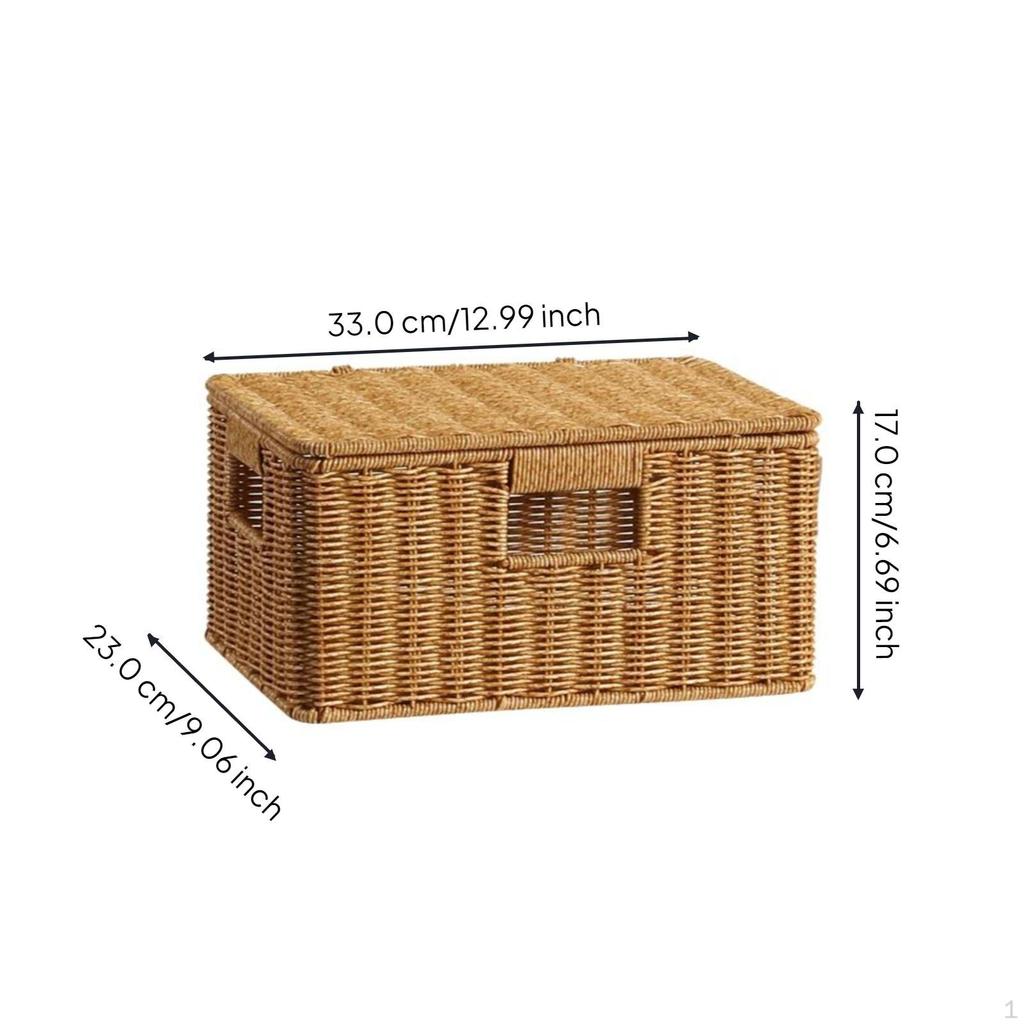Woven Rattan Storage Box with Lid, Stackable Organizer Basket for Desktop, Closet, Office Dark
