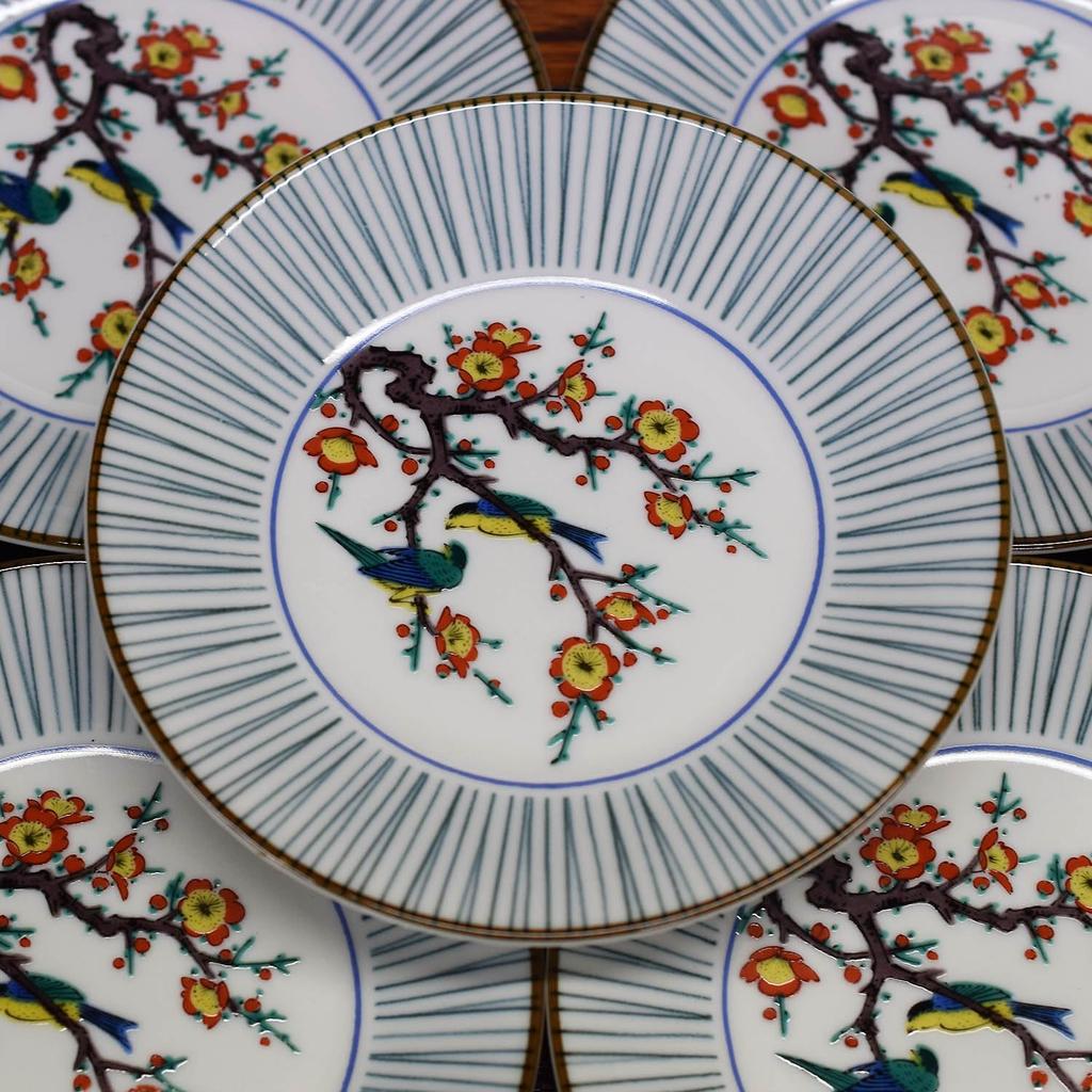 Waza no Kura Plate Stylish Kutani Ware Medium Plate Set with Plum and Bird Japanese Made in Perfect as a Wedding Set 5-Piece Designs. High-Quality