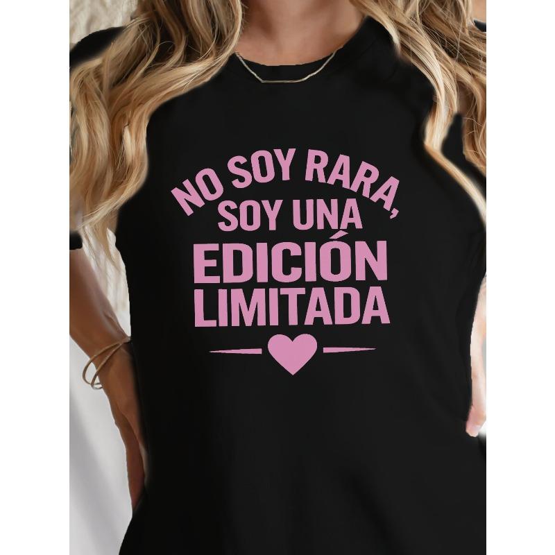 

Spanish Heart Print T-shirt, Short Sleeve Crew Neck Casual Top for Summer & Spring, Women s Clothing S чёрный