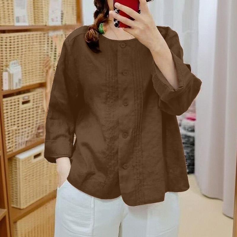 ZANZEA Bluzka damska z okrągłym dekoltem i długim rękawem w jednolitym kolorze