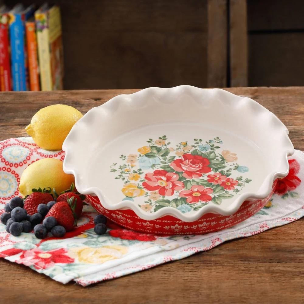9 Inch Stoneware Pie Dish Vintage Floral Design Scalloped Edge Bakeware Dishwasher Microwave Oven Safe Serving Plate