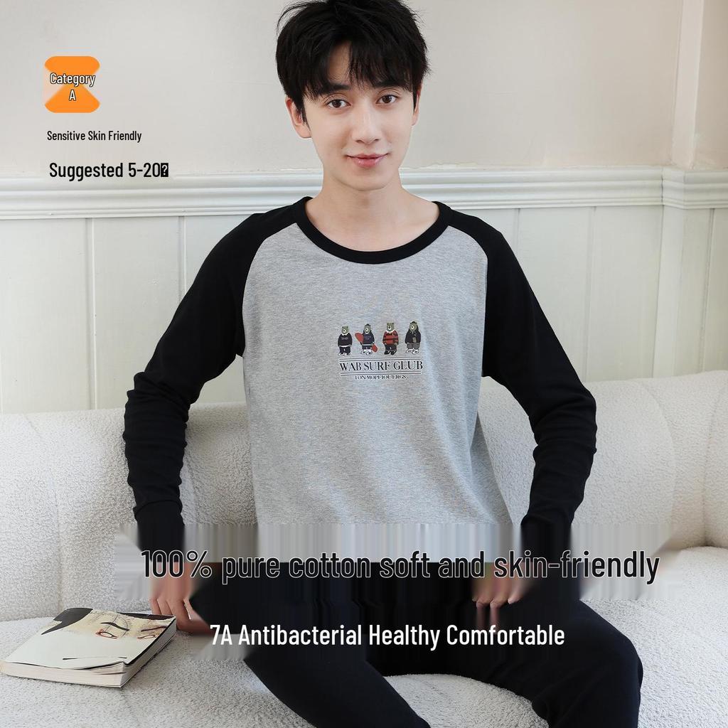 Teenagers' All-Cotton Antibacterial Autumn Homewear Set: Warm Underwear & Trousers for Middle and Big Kids